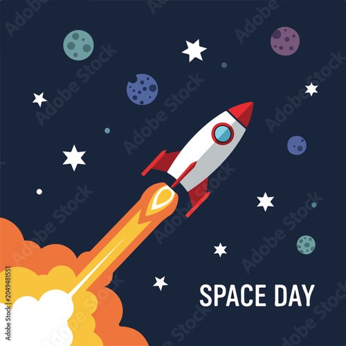 Fotografie A rocket launching into space with stars and planets