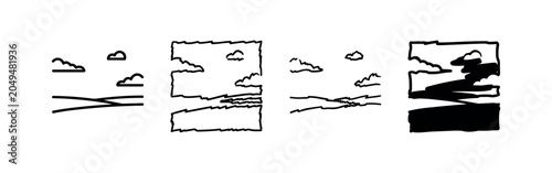 Tableau sur toile Four abstract landscape sketches with clouds and horizon lines.