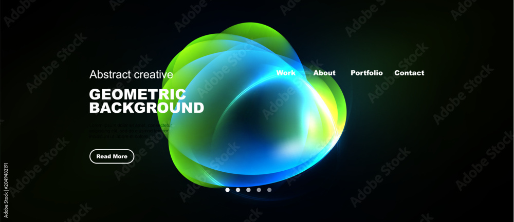 Naklejka premium Dark background features vibrant abstract shapes. Text elements include work, about, portfolio, contact, read more. Modern design aesthetic.