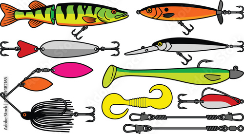 Foto Freshwater Fishing Lure Collection with Crankbaits, Spinnerbaits, Soft Plastic B