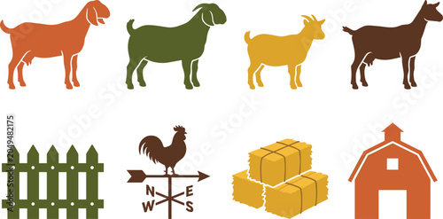 Photos Goat Farming and Livestock Agriculture Icon Collection with Farm Animals, Barn,