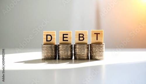 Coin stacks topped with blocks spelling DEBT financial concept