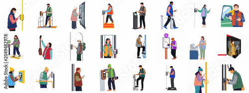 Foto Collection of diverse people using modern contactless payment methods, mobile apps, and ticket machines for public transportation systems in a flat vector illustration style