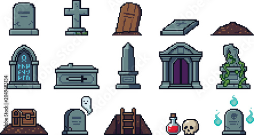 Foto Pixel Art Halloween Graveyard Asset Set Featuring Tombstones, Coffins, Crypts, G