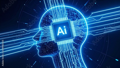 Neon human head with AI microchip circuitry