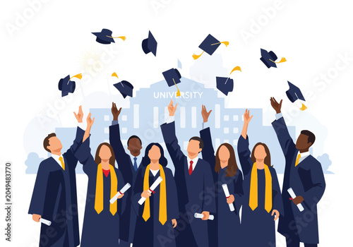 Graduates tossing caps in air