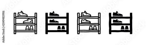 Foto Shoe Rack with Footwear Icon Set in Outline, Filled, Doodle, and Grunge Styles