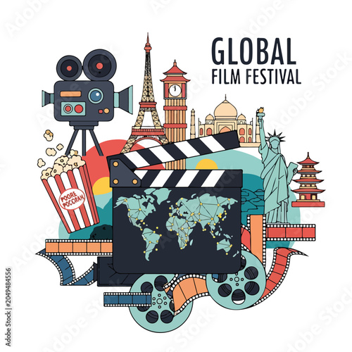 Bilde på lerret Vibrant illustration of global film festival with iconic landmarks
