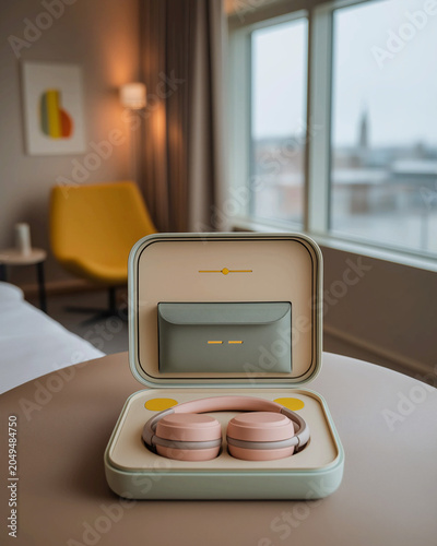 Child-Friendly Noise-Canceling Headphones in a Protective Travel Case on a Hotel Room Table, Supporting Sensory Comfort, Quiet Time, and Family Travel Readiness