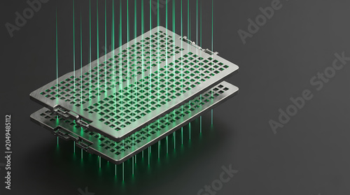 Advanced Technology Concept with Metallic Grid Panels and Glowing Green Laser Light Lines