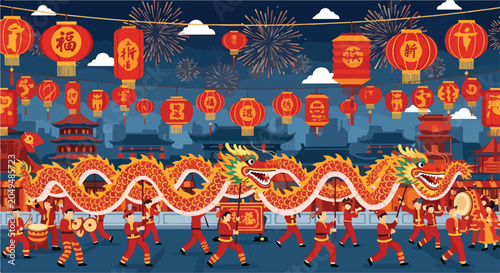 Fotografía A vibrant procession celebrates a festive occasion with a dragon dance