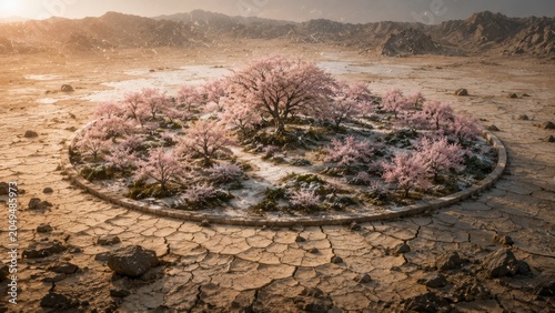 Surreal Conceptual Landscape of a Lush Circular Garden with Blooming Cherry Blossom Trees Sprouting in the Middle of a Barren Cracked Desert