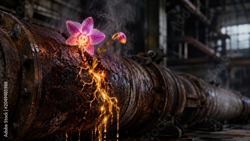 Surreal Conceptual Close-up of a Radiant Bioluminescent Orchid Blooming from a Rusted Industrial Pipe with Glowing Golden Roots
