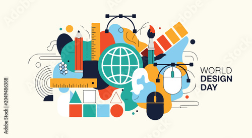 A colorful graphic celebrating World Design Day with various design tools