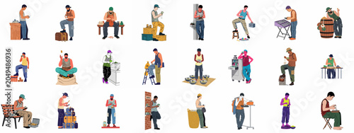 Foto Vector illustration set of men in casual clothing counting and managing cash, coins, and wealth in various urban and outdoor settings