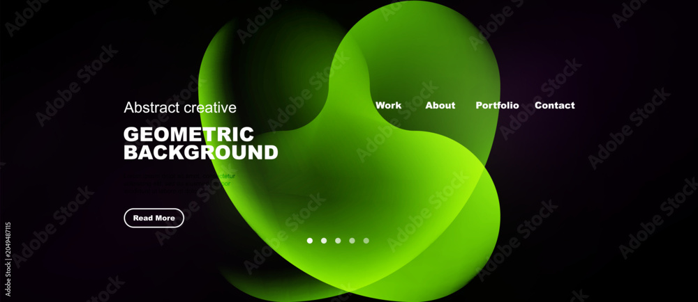 Naklejka premium Abstract green shapes dominate dark background. Minimalist design features text, navigation elements, button. Modern aesthetic.