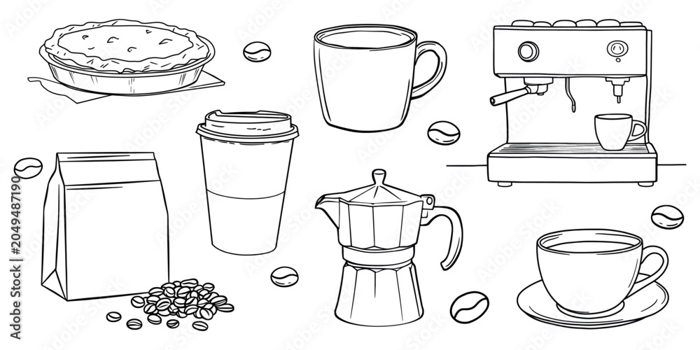 Obraz premium Coffee essentials line art illustration vector element set