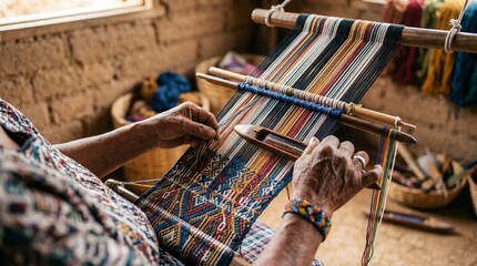 Close-up of an indigenous artisan woman weaving beautiful traditional patterns on a wooden backstrap loom