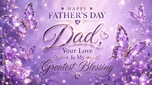 Happy fathers day greeting card design with purple butterflies and sparkling lights illustration