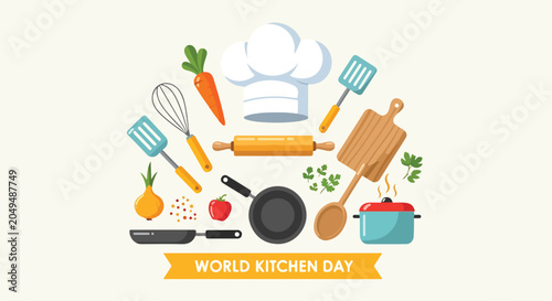 A colorful graphic celebrating World Kitchen Day with kitchen tools and food