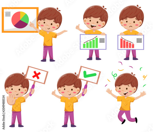 Cartoon Boy Presentation Character Set with Data Charts and Icons
