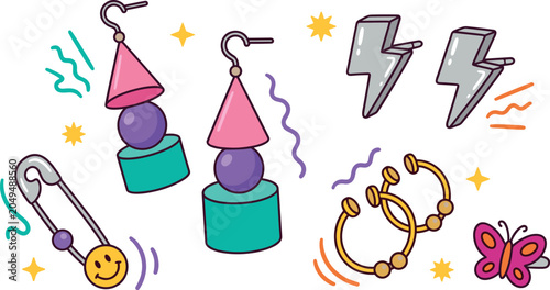 Canvastavla Cute Retro Nineties Aesthetic Earring Collection with Lightning Bolts Safety Pin