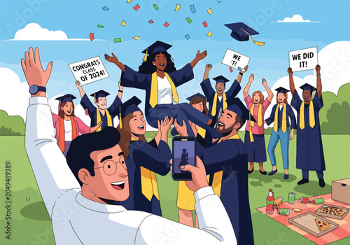 Group of graduates celebrating with a man taking a photo