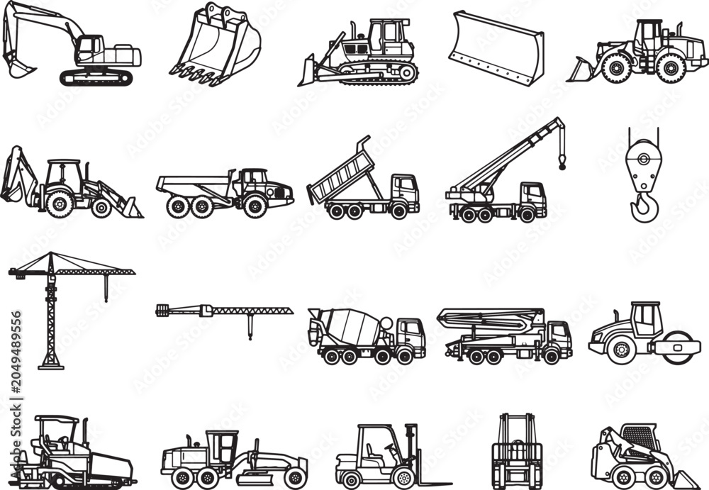 Obraz premium A collection of various construction vehicle illustrations in an infographic style, showcasing excavators, bulldozers, cranes, and more, perfect for industry and design projects.