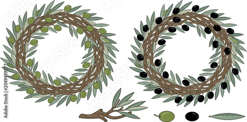 Fotografía Olive Branch Wreath Vector Illustration Set with Green and Black Olives, Rustic
