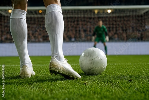 Low-angle close-up from behind the shooter’s legs moments before taking a penalty kick