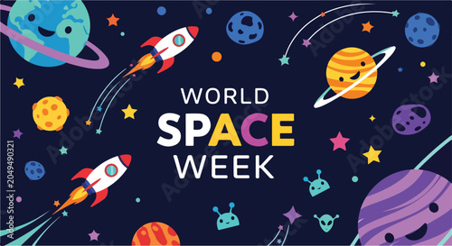 Tableau sur toile A vibrant illustration for World Space Week featuring cartoonish planets, rocket