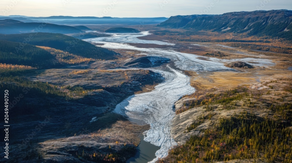 Fototapeta premium Melting Glacier in Flooded Valley Amidst Climate Change