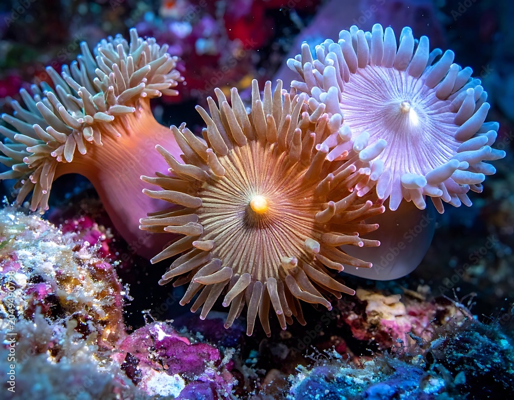 Obraz premium Colorful underwater scene with sea anemones on coral