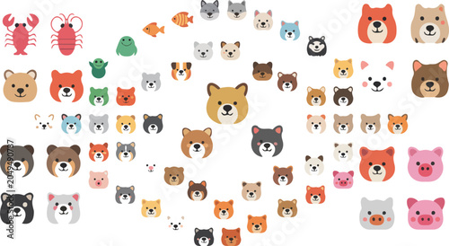 Bild auf Leinwand Adorable safari forest and sea creature graphic collection with smiling elephant calf marsupials waterfowl and ocean wildlife characters for kids educational stickers