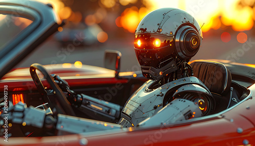 Robot driver in a classic convertible car at sunset, futuristic AI transportation, glowing eyes, detailed mechanical body