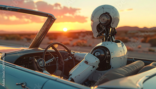 Robot driver in a classic convertible car on a desert road at sunset, futuristic travel and automation concept
