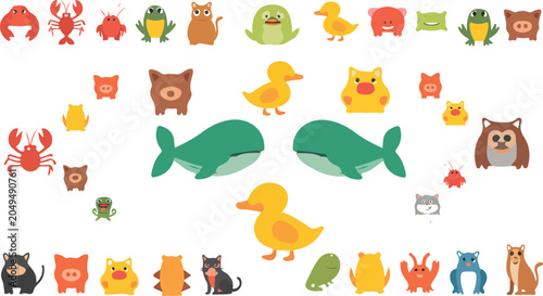 Photography Adorable safari forest and sea creature graphic collection with smiling elephant calf marsupials waterfowl and ocean wildlife characters for kids educational stickers
