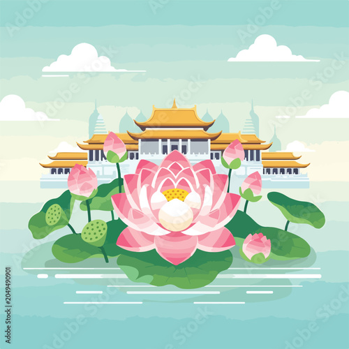 Schilderij op canvas A serene Asian temple surrounded by pink lotus flowers