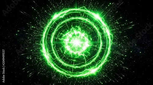 Bright green circular portal radiating intense electrical energy pulses with glowing sparks and light streaks against a dark empty void background in a digital graphic design