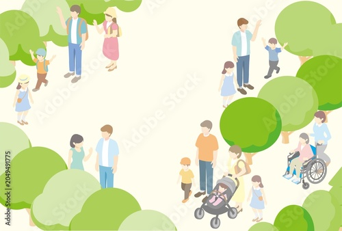 夏　人物　アイソメトリック　イラスト　公園　観光　レジャー　家族　子供　バナー　フレーム　背景