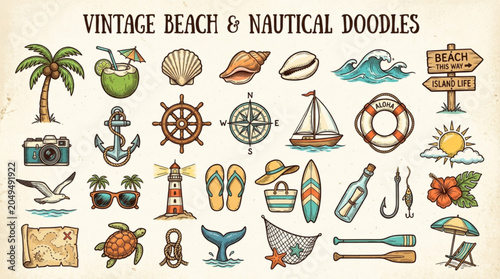Vintage beach and nautical doodle collection hand-drawn seaside elements and travel icons for summer vacation design isolated on textured background