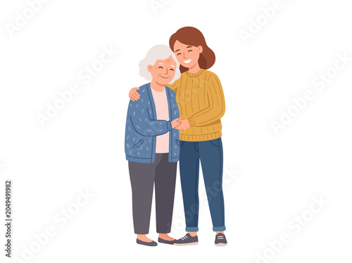 Konstfotografi A young woman hugs an elderly woman warmly in a tender moment.