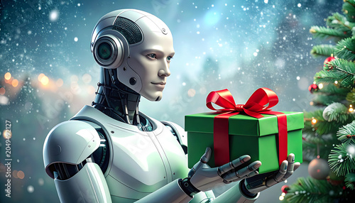 Robot holding a Christmas gift, a festive AI concept with bokeh lights and falling snow