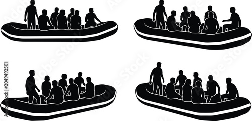 Schilderij op canvas Inflatable Raft and Boat Passenger Vector Icon Set Featuring Black Silhouette Sh
