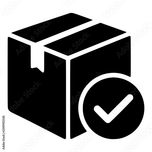 Obraz na płótnie Package box with checkmark, black silhouette icon for delivered order, successfu