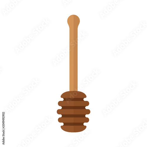 Wooden honey dipper vector illustration, brown timber honey wand icon, kitchen utensil for drizzling syrup, flat design honey stirrer on white background