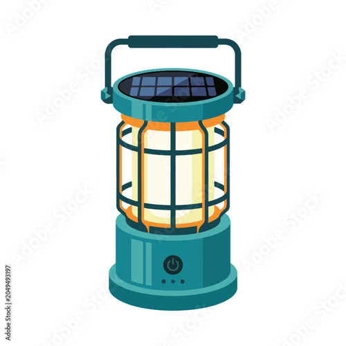 Solar powered camping lantern vector, portable teal led lamp with solar panel, rechargeable outdoor light for hiking and emergency use