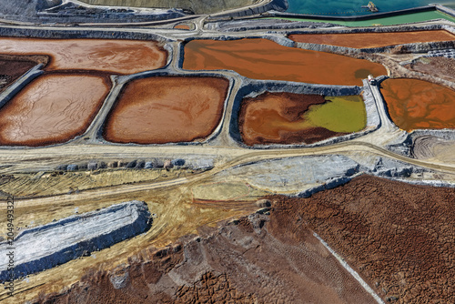 Fotografía Mining treatment ponds with brown water, geosynthetic liners, and dikes