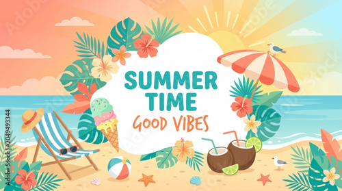 Summer time good vibes banner with beach elements tropical leaves and ocean view perfect for vacation and travel promotion