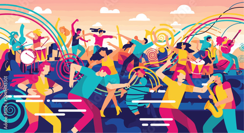 Obraz na plátně A vibrant illustration of a lively music festival with colorful people